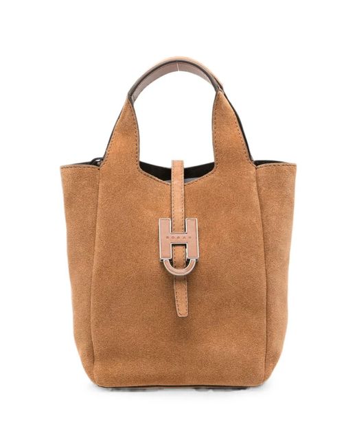 Hogan Brown Logo-Plaque Suede Tote Bag