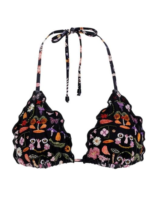 Agua Bendita Black Embroidered Ruffled Bikini Top