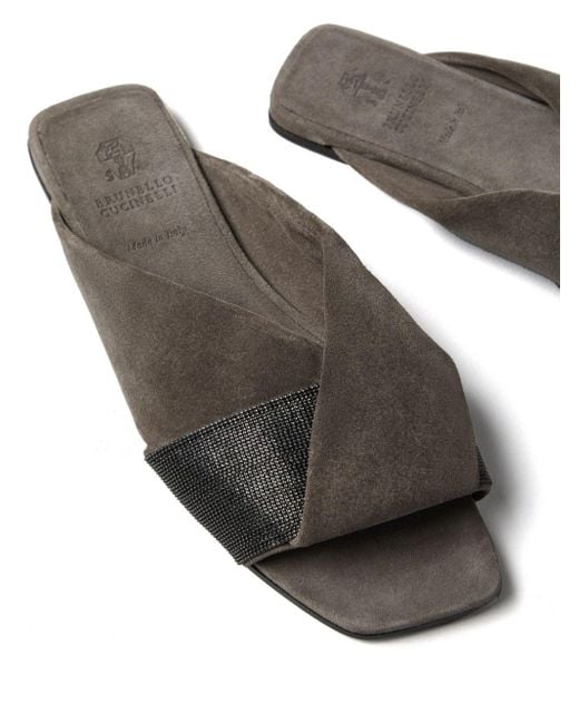 Brunello Cucinelli Gray Monili-embellished Suede Sandals