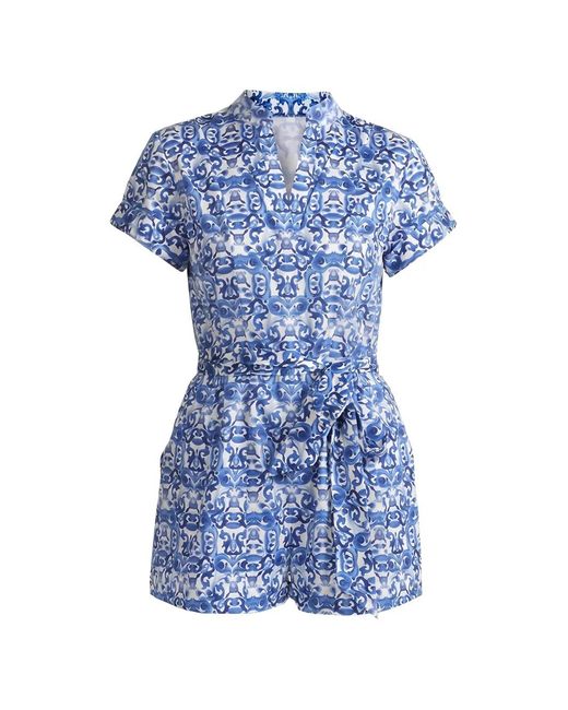 Alice + Olivia Blue Majolica-Print Belted Playsuit