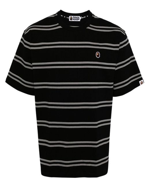 A Bathing Ape Black Striped Embroidered-logo Cotton T-shirt for men