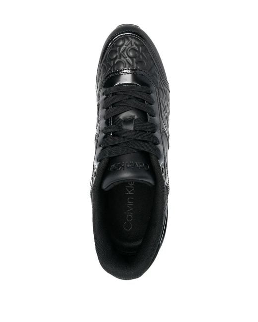 Calvin Klein Black Leather Monogram-Pattern Sneakers