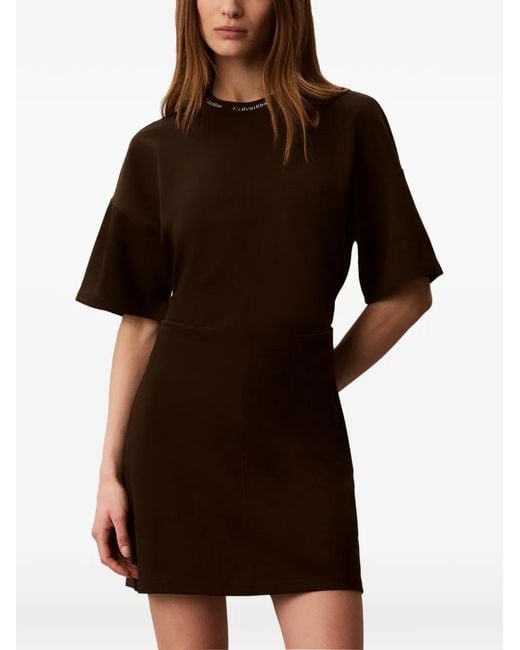 Calvin Klein Brown Logo-Collar Gathered-Waist Mini Dress