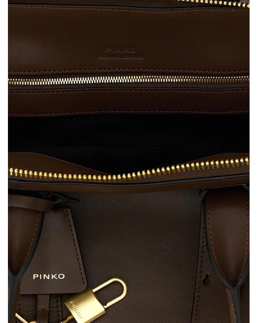 Pinko Brown Escape Love Birds Logo Leather Bowling Maxi Tote Bag