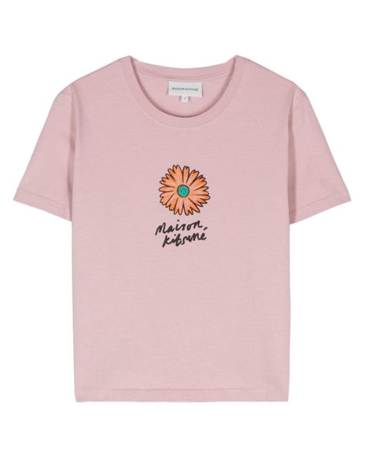 Maison Kitsuné Pink Floating Flower-print Cotton T-shirt