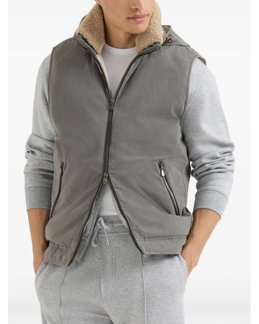 Brunello Cucinelli Gray Waxed Techno-Cotton Down Vest With Detachable Hood for men