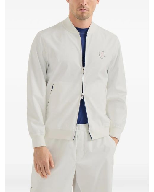 Brunello Cucinelli White Logo-Patch Zip-Up Jacket for men