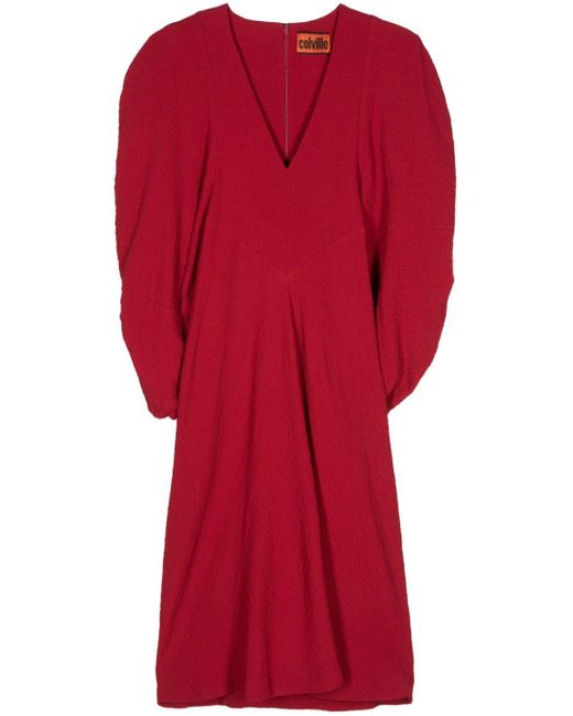Colville Red Puff-sleeve Crepe Midi Dress
