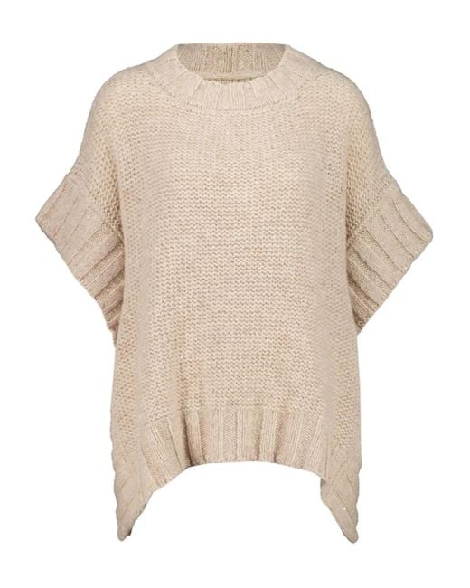120% Lino Geribbelde Poncho Top in het Natural