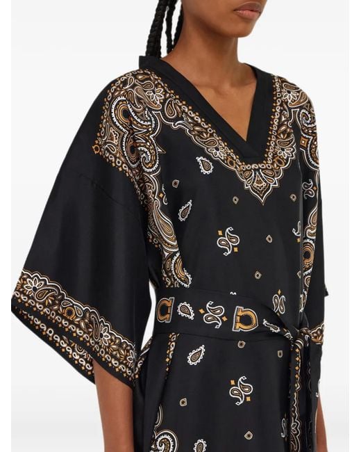 Ferragamo Black Arabesque Print Silk Caftan