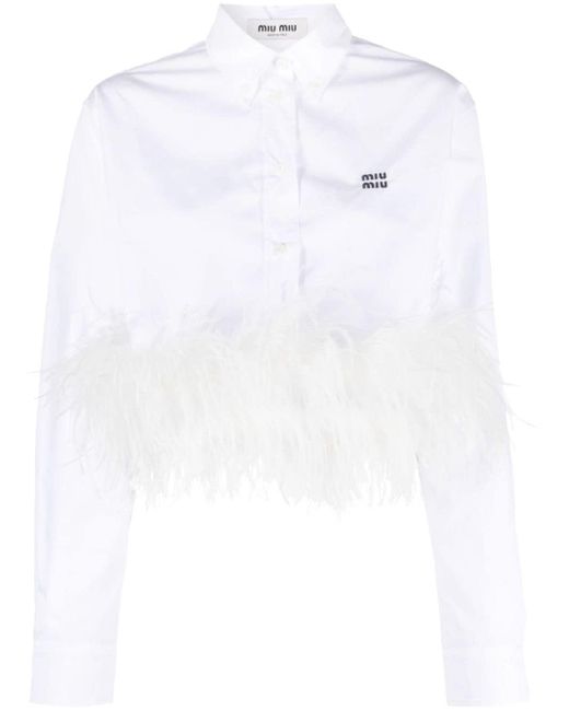 Miu Miu White Cropped Feather-trim Shirt