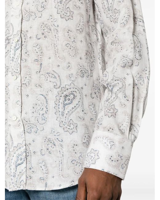 Brunello Cucinelli White Paisley-print Linen Shirt for men