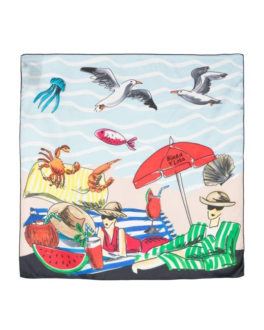 Bimba Y Lola Blue Beach-print Silk Scarf