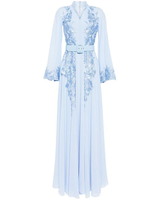 Saiid Kobeisy Blue Floral-embroidered Beaded Kaftan Dress