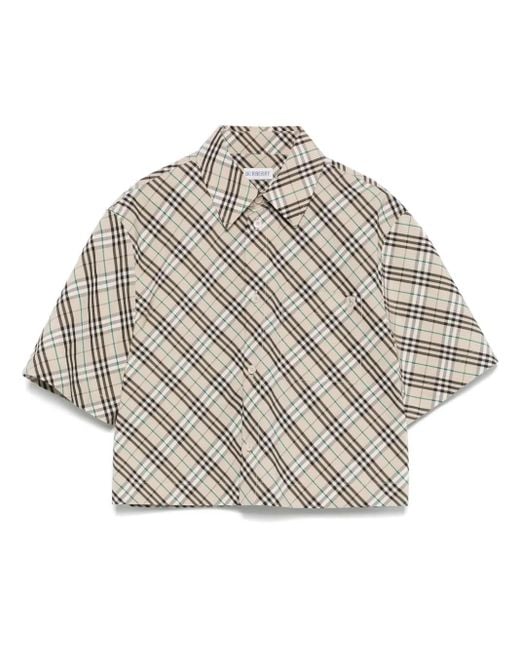 Burberry Gray Cropped Plaid Shirt With Collared Neckline