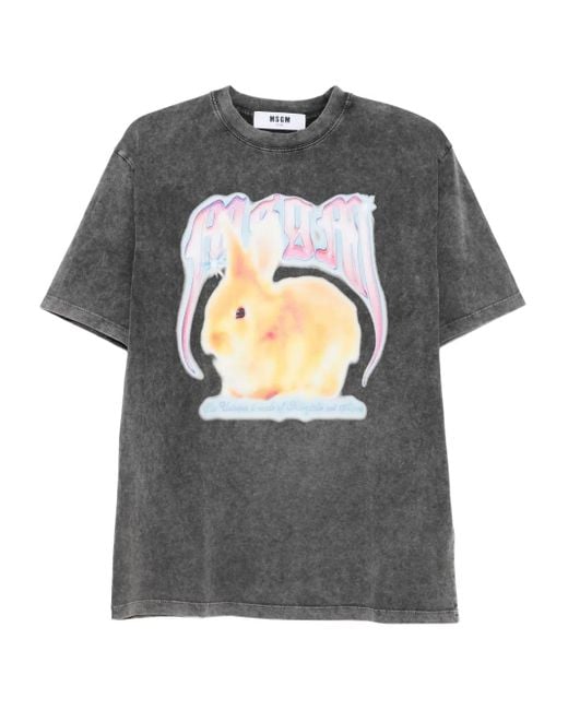 MSGM Gray Rabbit-Print Acid-Wash T-Shirt