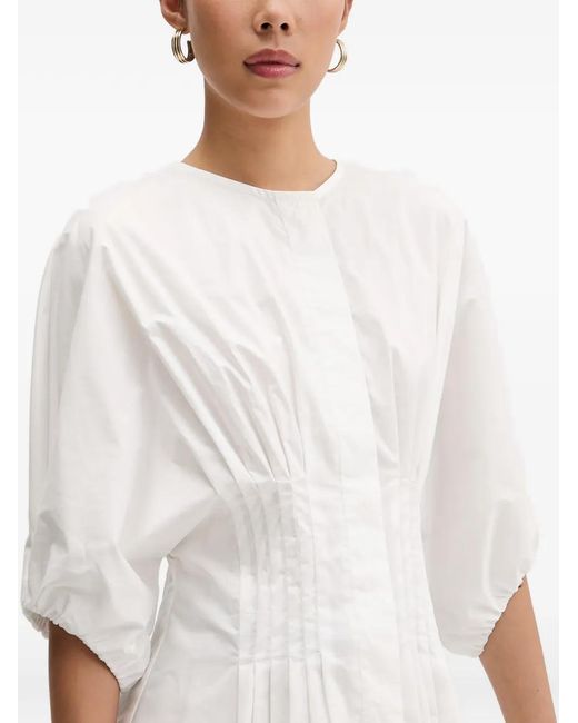 ViCOLO White Pleated-Waist Puff-Sleeve Blouse