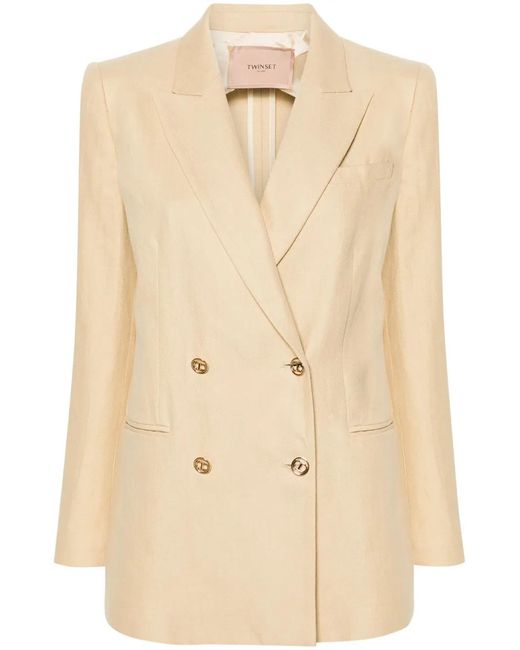 Twinset Natural Double-Breasted Twill Blazer