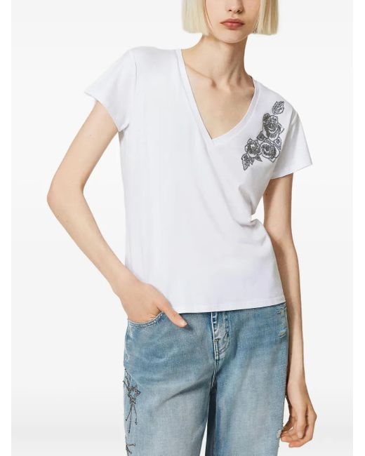 Twinset White Floral-Embroidered V-Neck T-Shirt