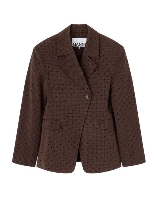 Ganni Brown Single-Breasted Polka Dot Blazer