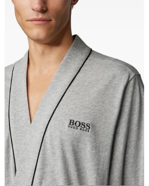 HUGO Gray Piping-Detail Belted Dressing Gown for men