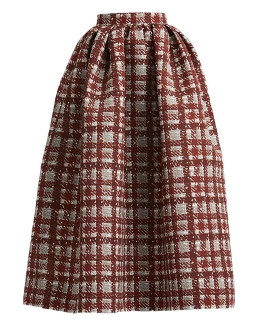 Oscar de la Renta Brown Pleated Plaid Midi Skirt