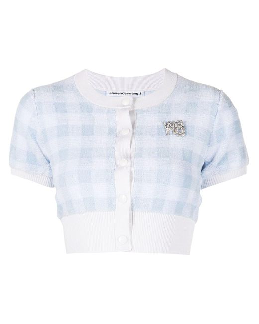 T By Alexander Wang Blue Cropped Gingham-check Cardigan