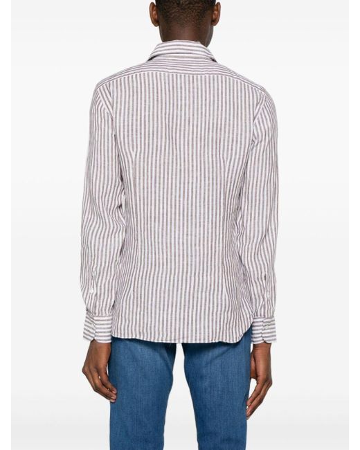 Barba Napoli Brown Striped Classic-collar Linen Shirt for men