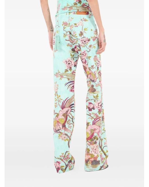 Roberto Cavalli White Bird-Print Flared Trousers