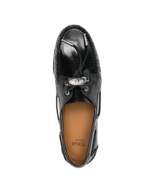 Toga Virilis Black Embellished Leather Boat Shoes for men