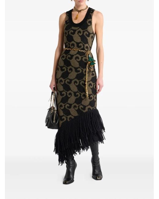 Etro Black Wool And Alpaca Jacquard Maxi Dress With Fringing