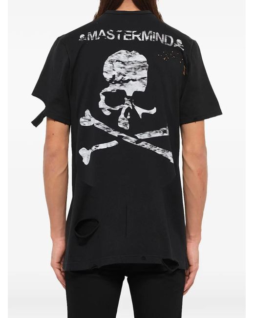 Mastermind Japan Black Distressed Logo-Print T-Shirt for men