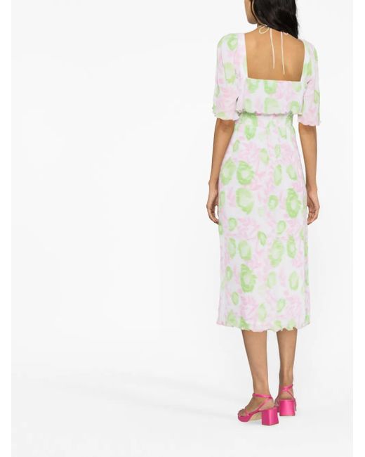 Ganni White Smocked Waist Printed Midi Dress