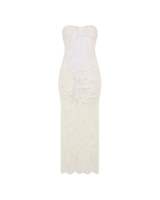 The Mannei White Lace-Overlay Ruched Mxi Dress