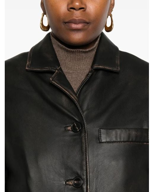 Tela Black Button-Fastening Leather Coat