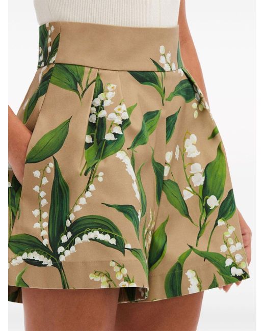 Oscar de la Renta Green Floral-print Pleated Twill Shorts
