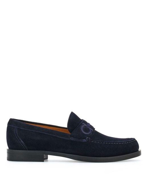 Ferragamo Blue Logo-embroidered Leather Loafers for men