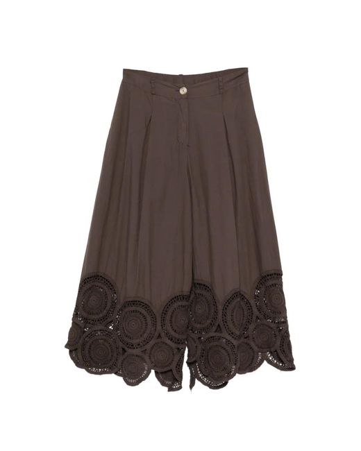 ViCOLO Brown Crochet-Trim Pleated Trousers