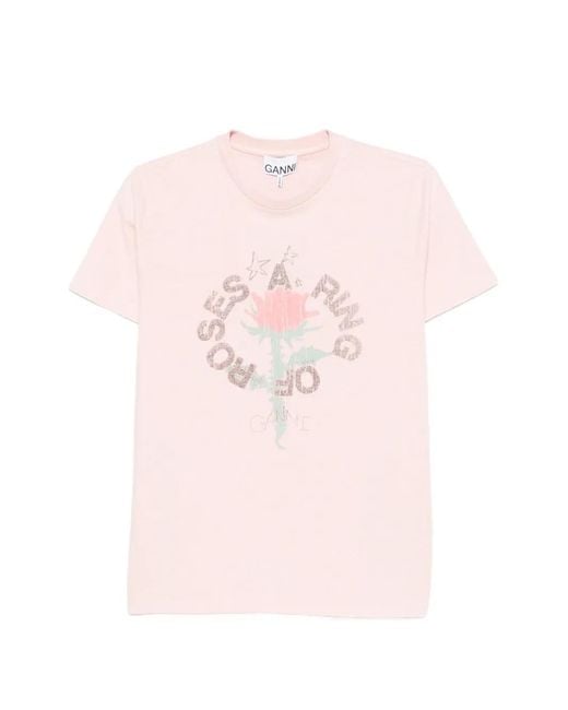 Ganni Pink Floral-Print Round-Neck Recycled Cotton Organic Cotton T-Shirt