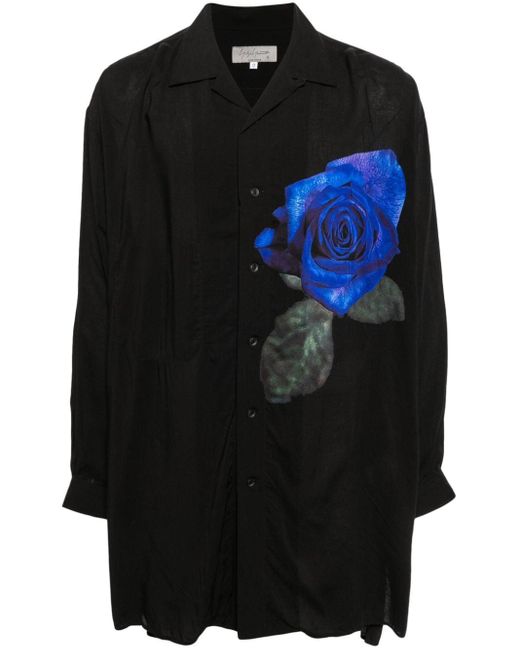 Yohji Yamamoto Black Floral-print Long-sleeved Shirt for men