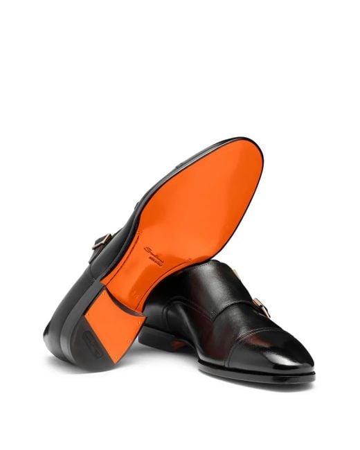 Santoni Black Leather Monk Shoes for men