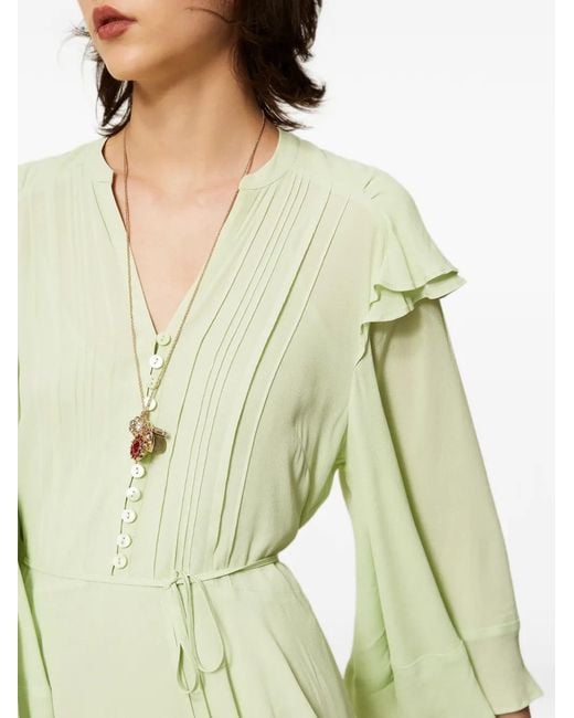 Twinset Green Robe Courte En Crêpe De Chine À Volants