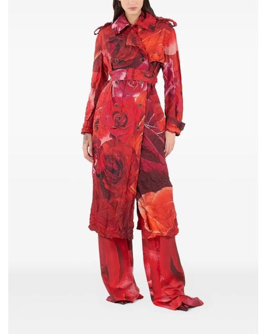 Roberto Cavalli Red Rose-Print Trench Coat