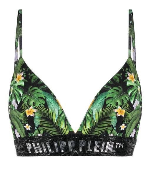Philipp Plein Green Hawaiian-Print Logo-Underband Bralette