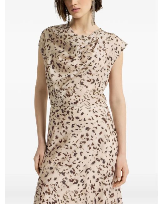 Brunello Cucinelli Natural Lynx-Print Silk Pongee Draped Dress With Monili