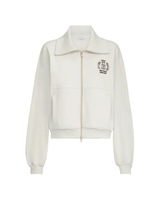 Brunello Cucinelli White Cotton Smooth French Terry Sweatshirt With Zip And Embroidered Logo