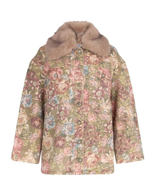 Liu Jo Natural Floral-Print Faux Fur-Collar Jacket