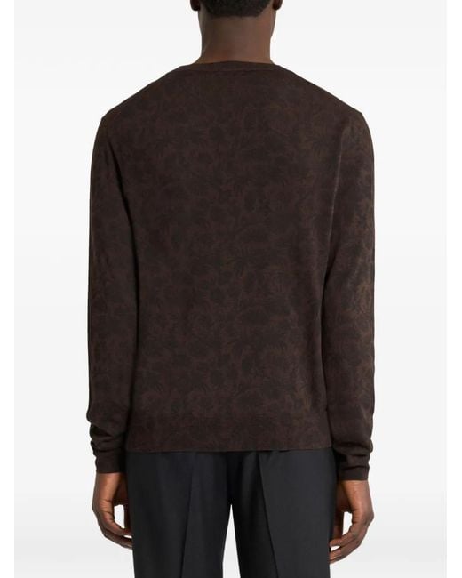 Etro Brown Wool And Silk Sweater With Floral Paisley-Motif for men