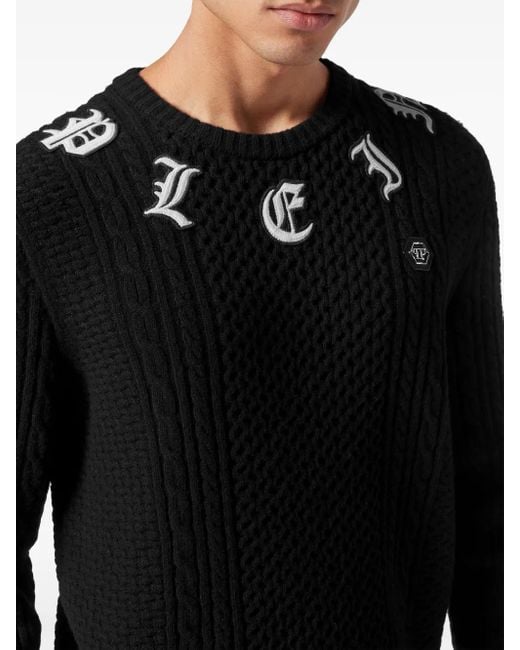 Philipp Plein Black Logo-Embroidered Cashmere Jumper for men