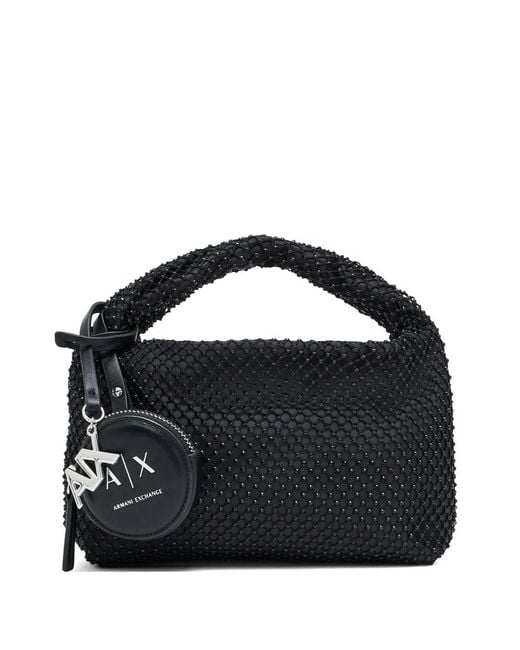 ARMANI EXCHANGE Black Rhinestone-Embellished Mesh Mini Cross Body Bag